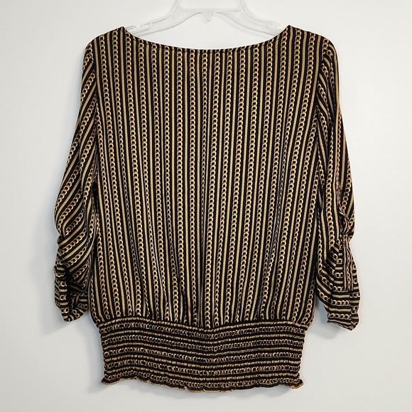 🔥FINAL💲⬇️MICHAEL Michael Kors Black/Gold Chain Print Smocked Top, Size M ~ EUC - Picture 2 of 7